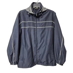 Tek Gear Mens Large Windbreaker Jacket Full Zip Hidden Hood Navy Blue